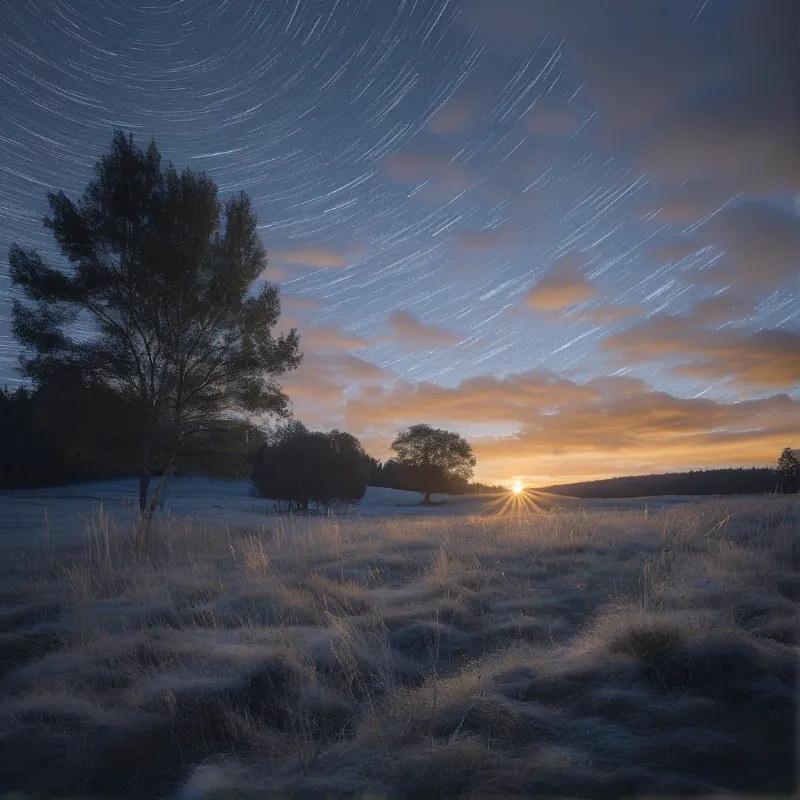 Snowy ground stretches beneath a dark pine tree while curved lines of stars arc across the blue sky near the orange glow of a low sun on the horizon.
