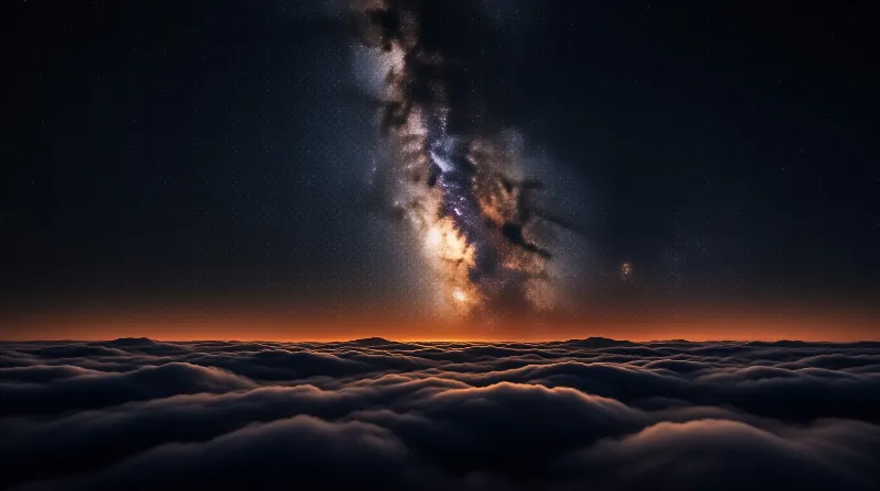 A dense band of stars spans the dark sky above a rolling sea of clouds lit by an orange horizon glow.