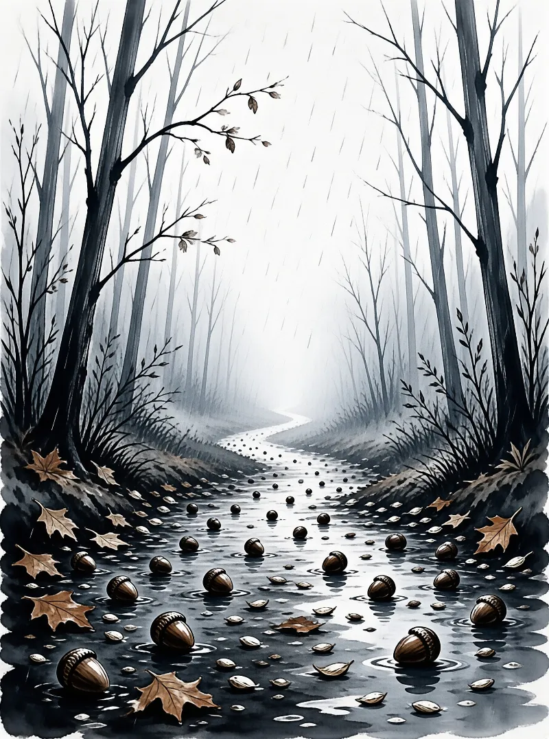 A stream lined with fallen acorns and leaves winds through a foggy forest with bare trees and soft rain.