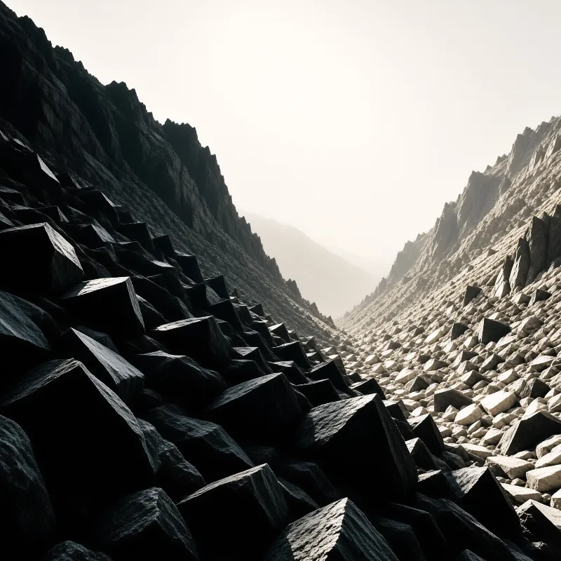 Tons of fractured dark stone tilt down toward a hazy gorge under a bleached white sky.