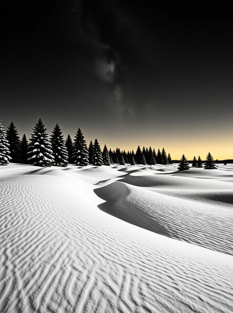 Wind-blown snow dunes roll toward a dark forest of conifers silhouetted against a glowing yellow horizon.
