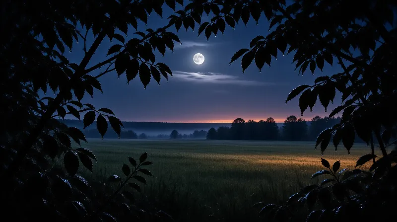 Dew-laden leaf silhouettes frame a bright moon rising above a foggy field and distant treeline.
