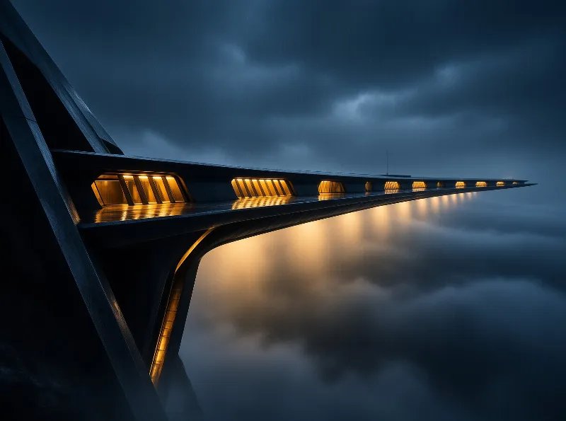 A sharp concrete structure juts over a dark sea of clouds while its long row of windows glows amber at night.