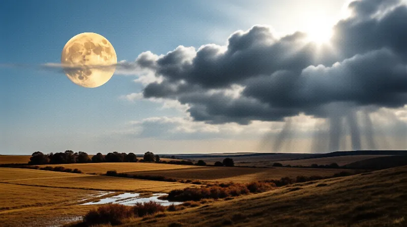 A bright moon floats above golden fields with a small stream while sunlight cuts through heavy clouds on the right.