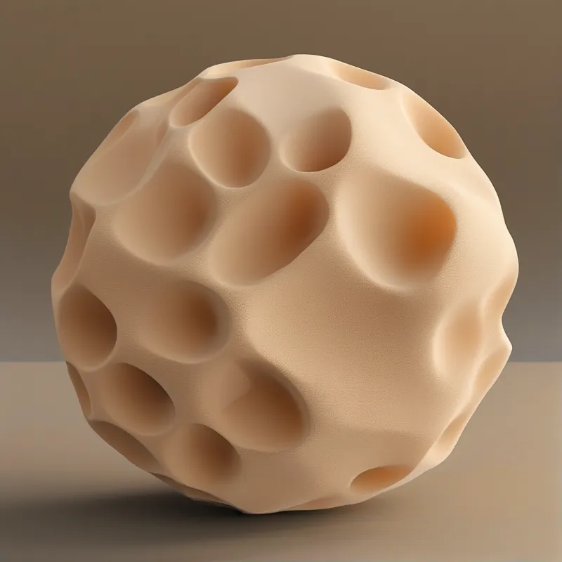 A beige spherical object with deep holes sits on a smooth gray platform under soft diffuse studio lighting.