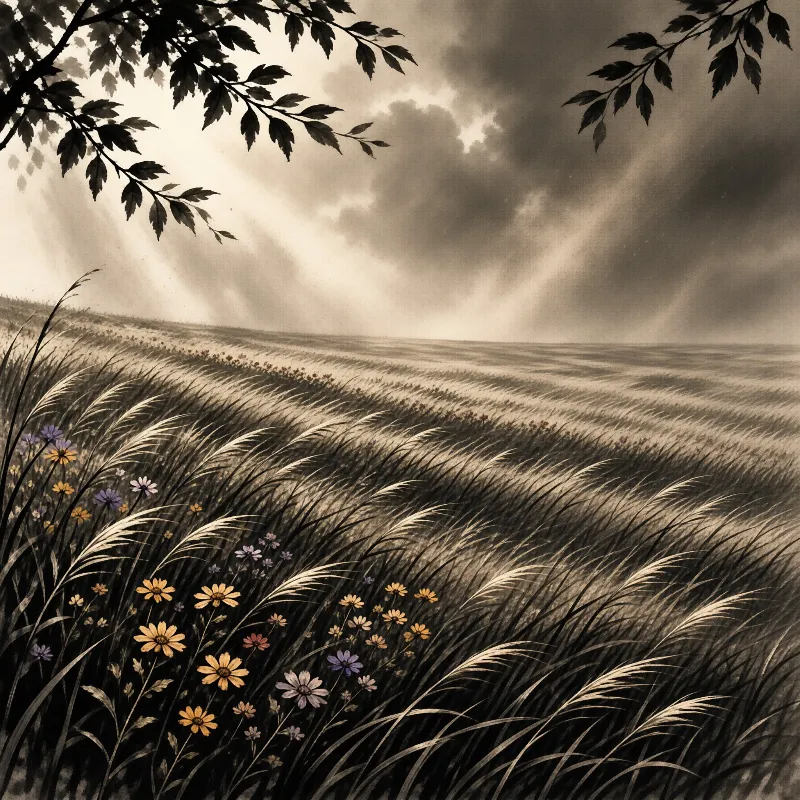 Tall grasses and wildflowers sway beneath a heavy cloudy sky in this vintage landscape.