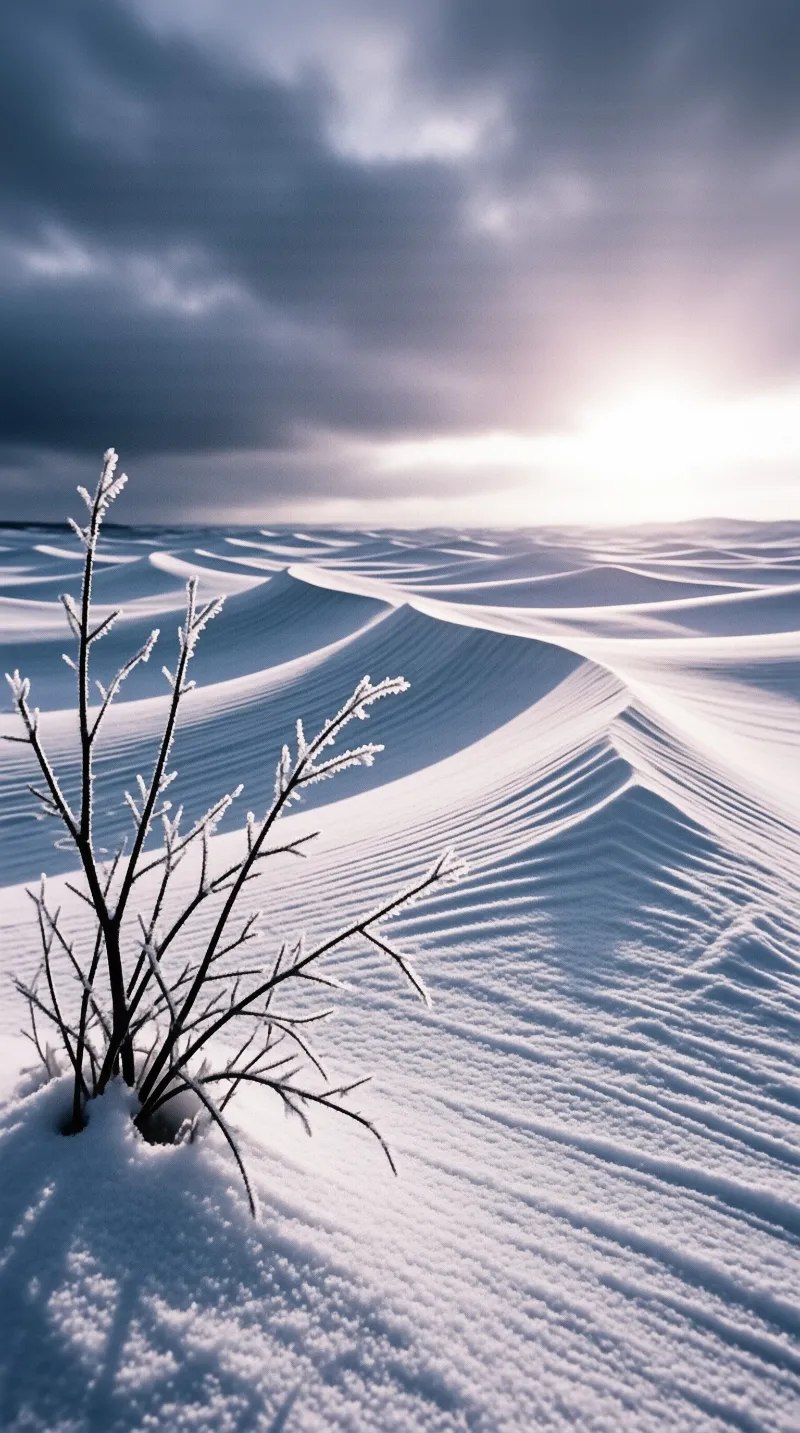 A leafless shrub encased in ice stands before a vast expanse of rippled snow under a dramatic cloudy sky.