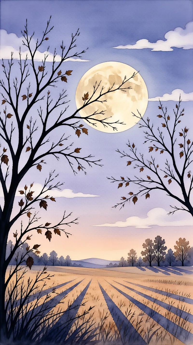 A large full moon hangs above a plowed field with long shadows cast by bare trees.