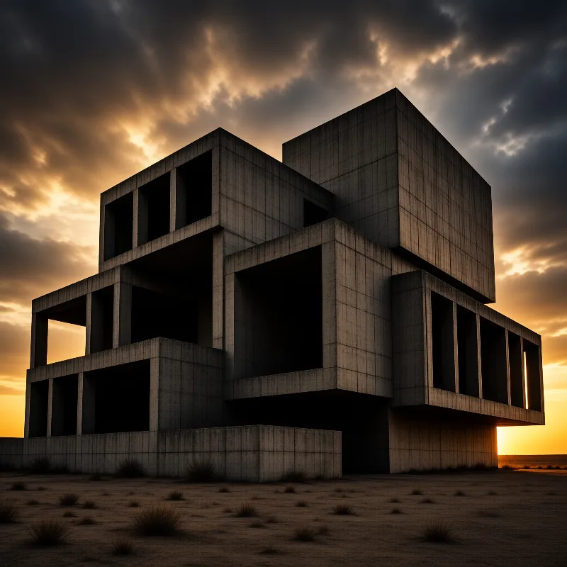 A massive unfinished concrete building stands in a desert landscape with dramatic clouds and golden light.