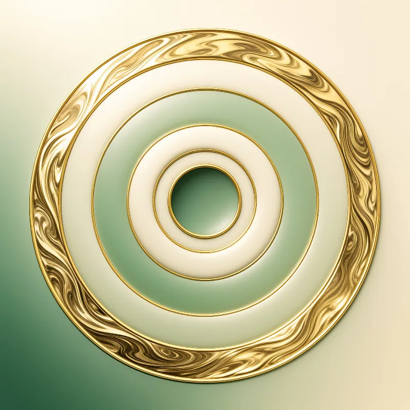 A glossy ceramic dish features concentric green and cream rings surrounded by a textured gold border under soft lighting.
