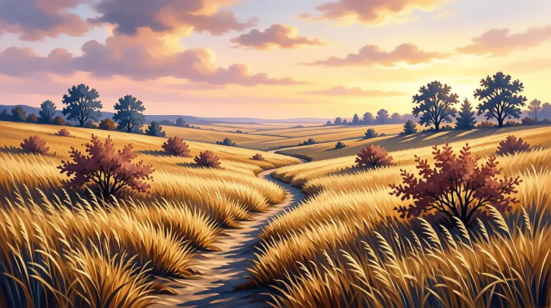 A winding stream cuts through golden wheat fields at sunset lined with reddish shrubs and trees under warm pink and orange clouds.