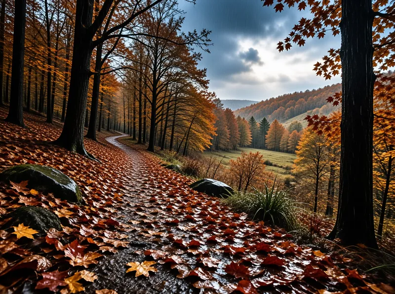 A narrow track disappears between tall trunks, its surface thick with glossy red and orange foliage.