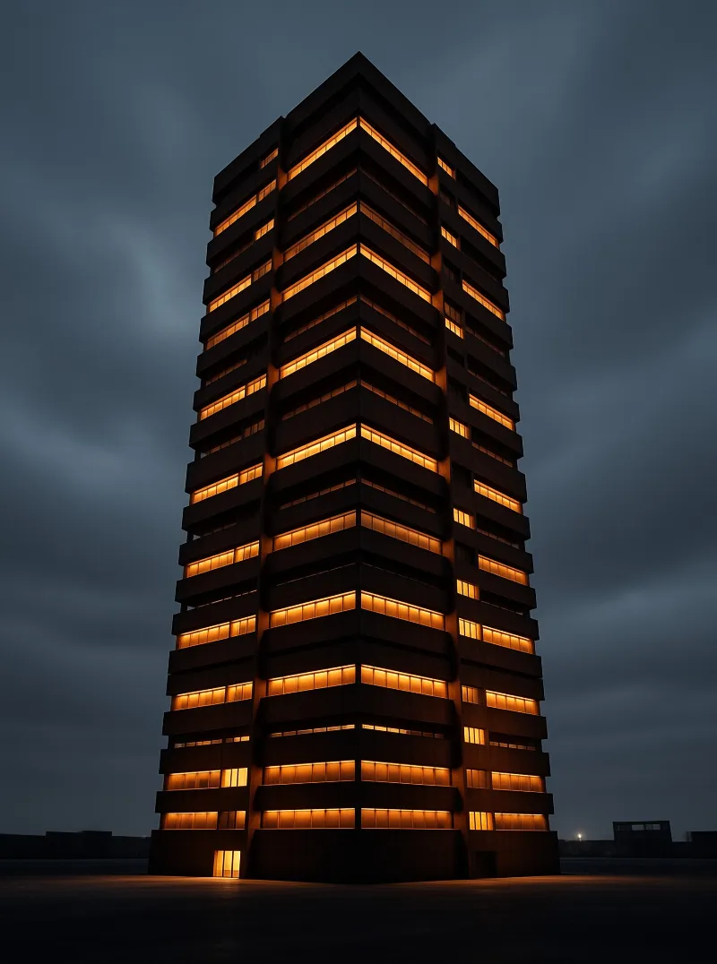 A tall dark building stands against a cloudy night sky with its windows glowing bright orange from within.