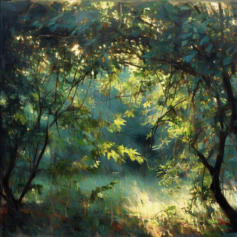 Bright sunbeams pierce the dense green foliage to illuminate the forest path.