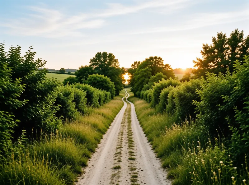 A narrow unpaved track curves between lush greenery while the sun sets brightly over the distant tree line.
