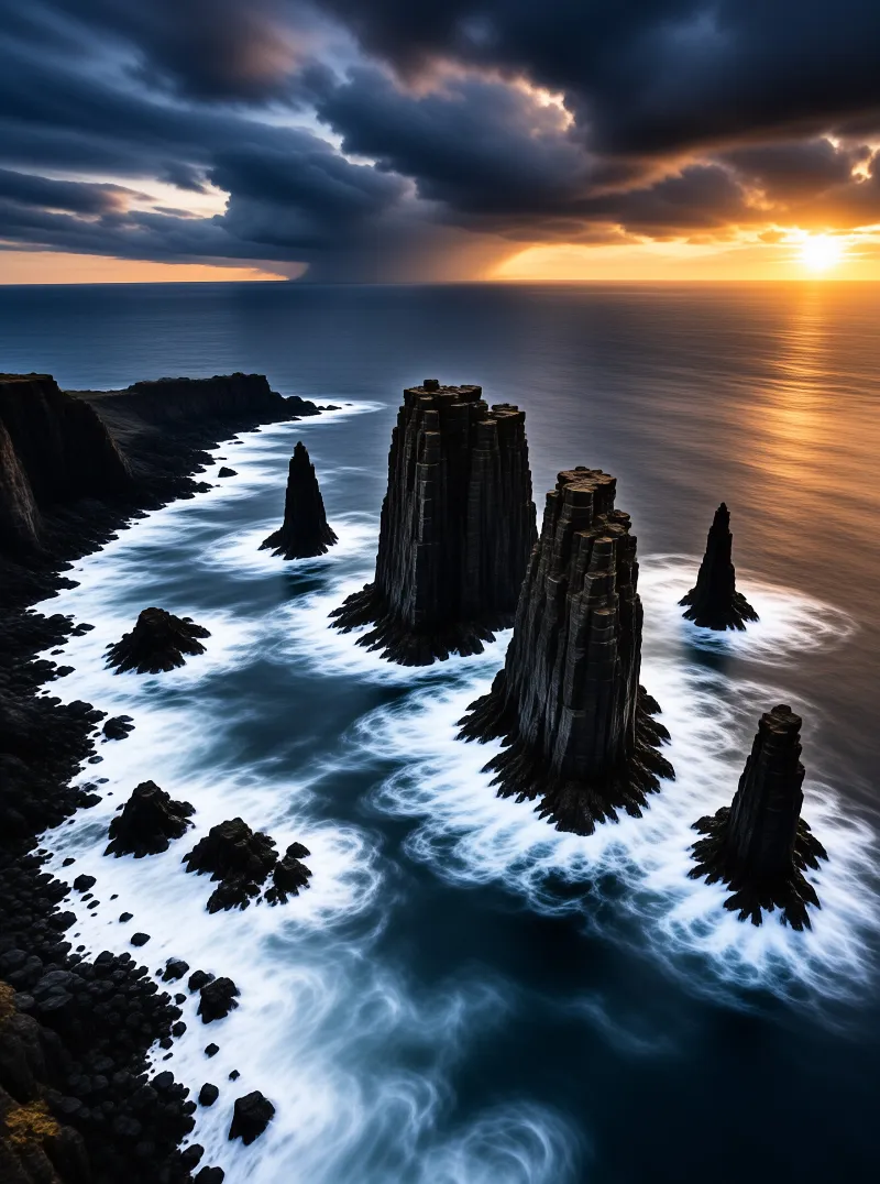 Tall black columns rise from the sea with white waves crashing around them under a dramatic cloudy sky lit by a setting sun.