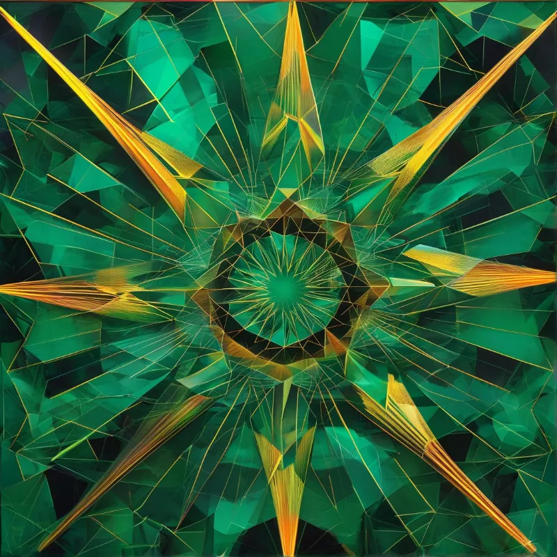 A complex radial composition features sharp emerald green facets intersected by bright golden spikes radiating from a central point.