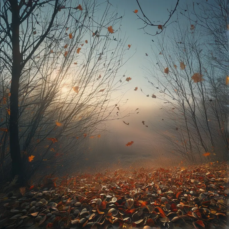 Bare saplings frame a misty glade as copper leaves drift down onto a thick carpet of fallen foliage.