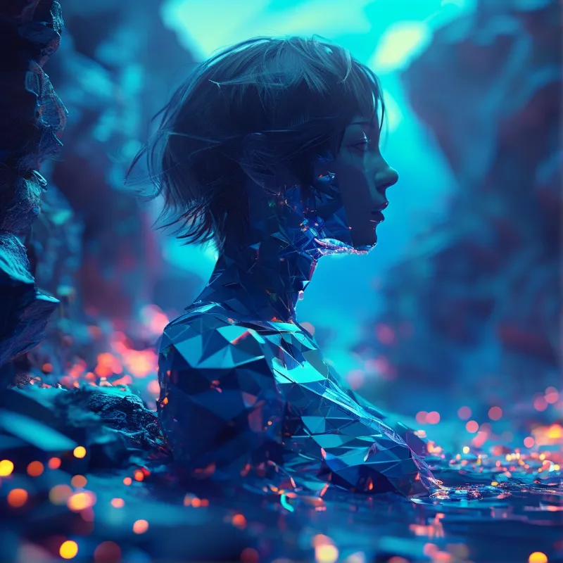 A faceted digital woman profile emerges from dark blue water surrounded by floating orange particles and cyan lighting.