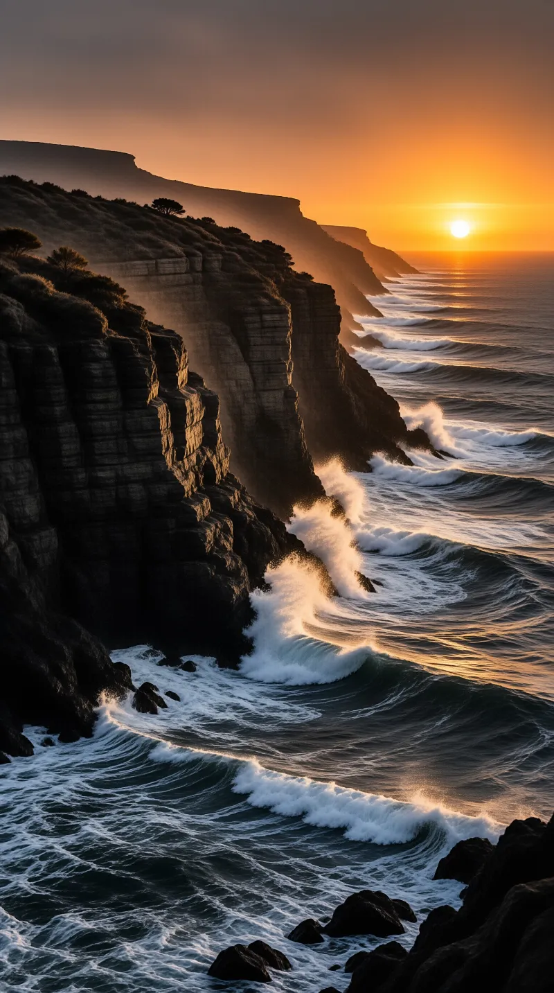 Golden light floods layered sea cliffs as white surf breaks against the dark rocky shore.