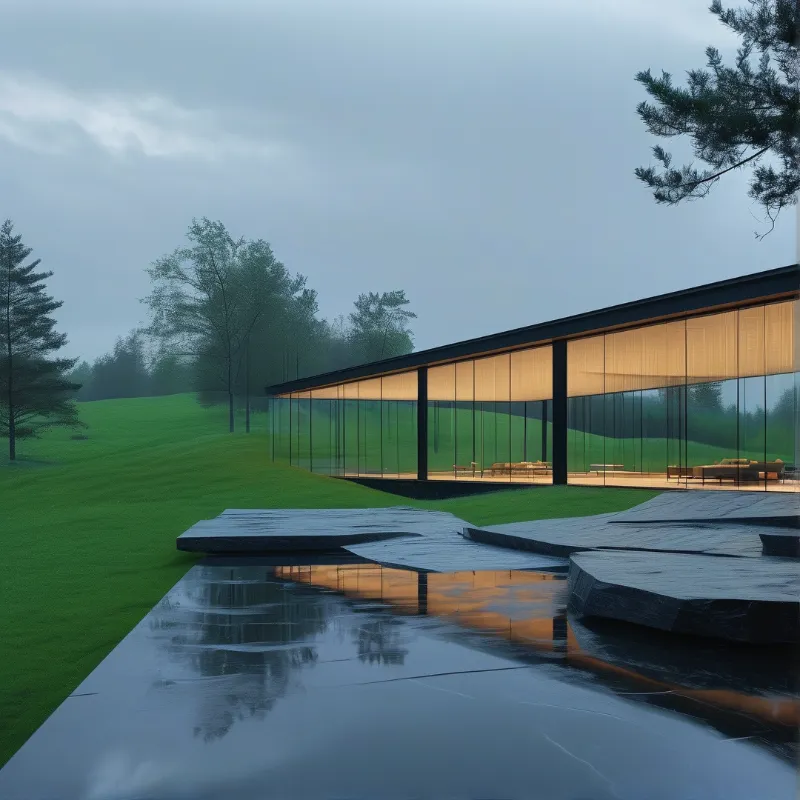 A minimalist glass structure glows warmly against foggy hills while lights shimmer across a still dark water surface