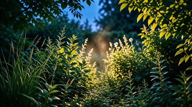 Dense green foliage and white flowers fill the frame while a sunlight beam highlights dust particles floating in the air.