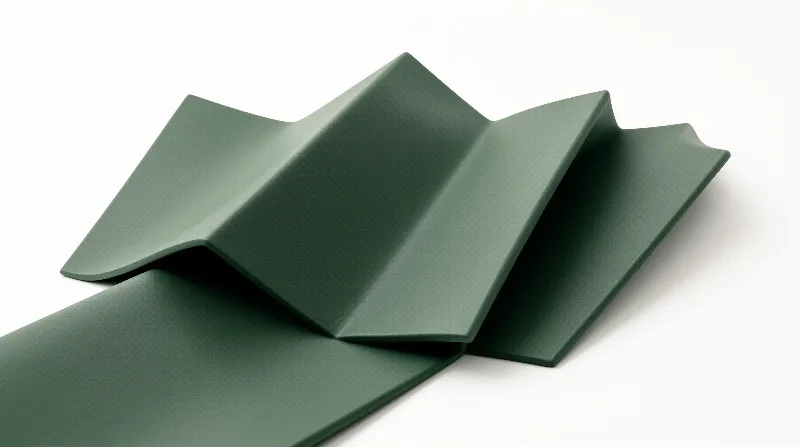 Sage green paper forms sharp geometric folds casting soft shadows across a clean white surface.