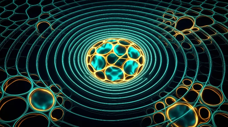 A golden honeycomb-like sphere floats in the center of a tunnel made of glowing cyan rings and bubble-like shapes.