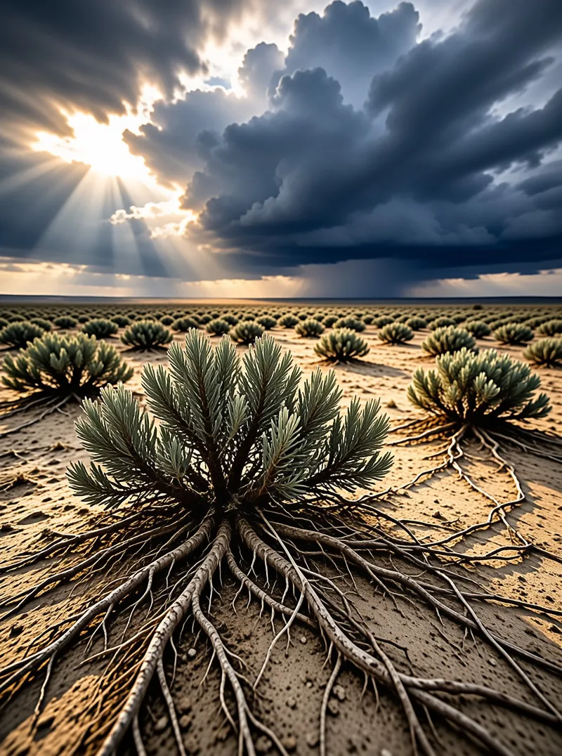 A hardy desert plant anchors into dry sand while sunbeams cut through heavy storm clouds overhead.