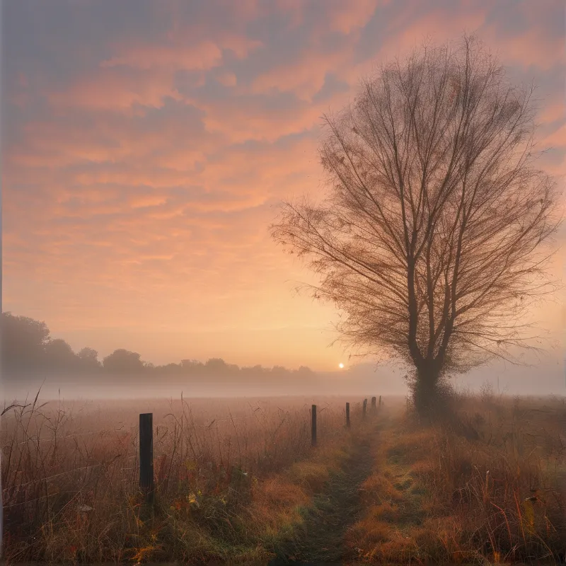 A bare tree stands near a fence as warm orange light fills the foggy sky above a grassy meadow.