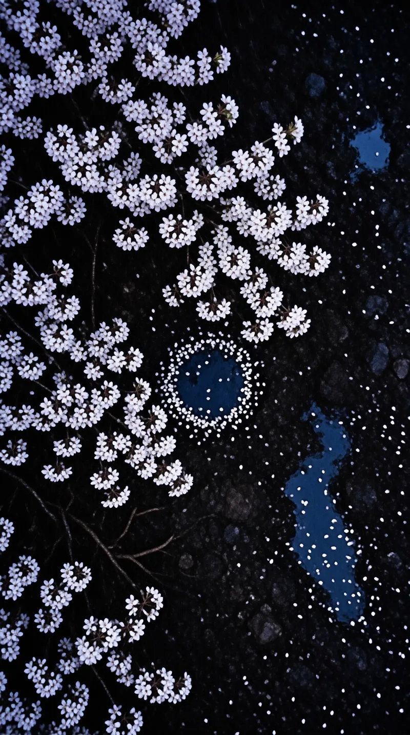 Clusters of tiny white petals rest on glistening black asphalt beside small puddles that mirror the cool blue sky.