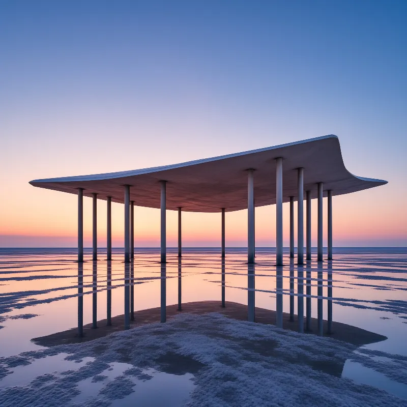 A minimalist shelter with a curved roof stands above shallow water reflecting the pink and blue sky during twilight.