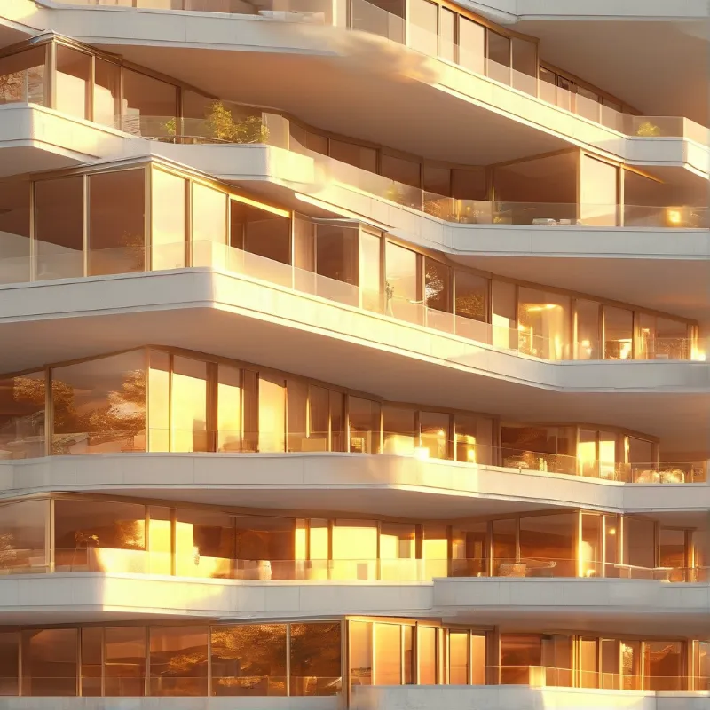 Undulating concrete balconies curve floor after floor across a glass facade bathed in golden hour light.