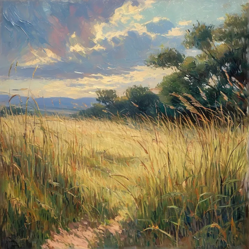 A field of tall grasses sways under a late afternoon sky with scattered clouds, leading to a cluster of trees and distant mountains bathed in warm light.