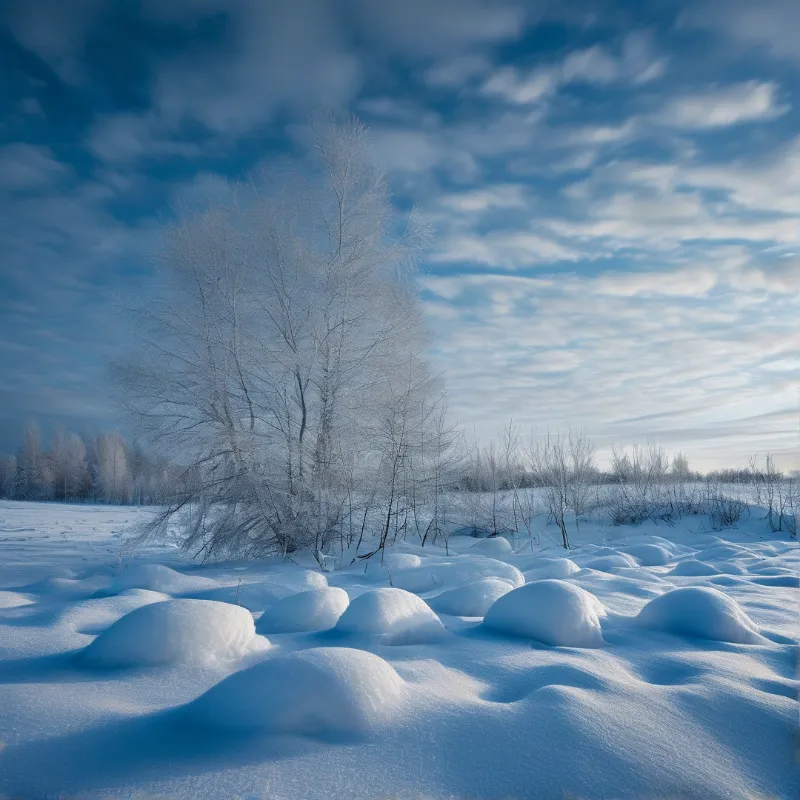 Bare branches coated in thick white frost rise from a field of soft blue snow mounds under a wintry sky.