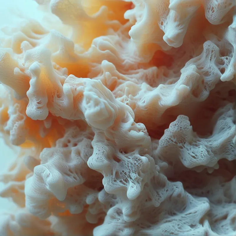 A closeup view of textured coral reef structures glowing with soft warm peach and white hues under diffused light.