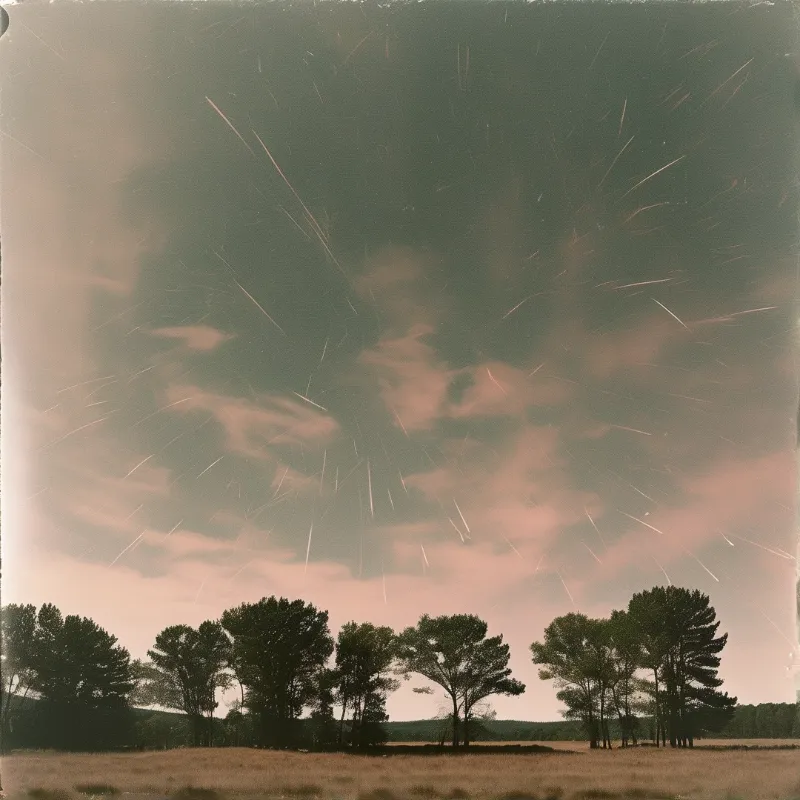 Streaks of light cut through a cloudy sky above a field of dark evergreen trees in a vintage tone.