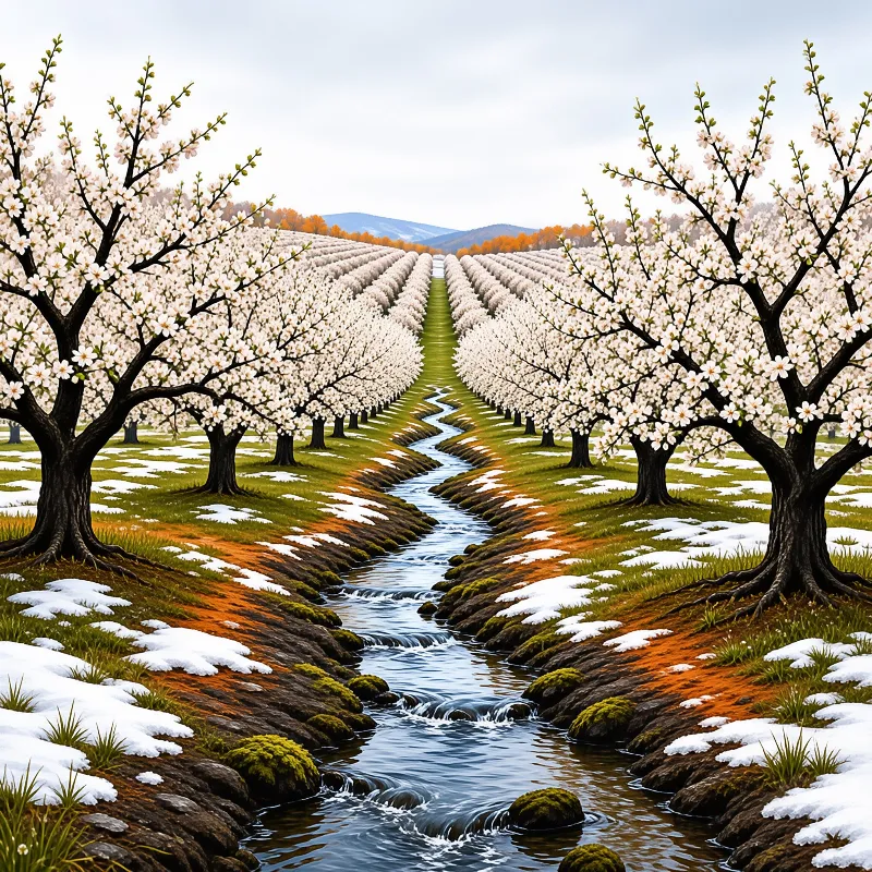 Rows of flowering trees flank a winding creek dotted with mossy rocks and lingering snow under a cloudy sky.
