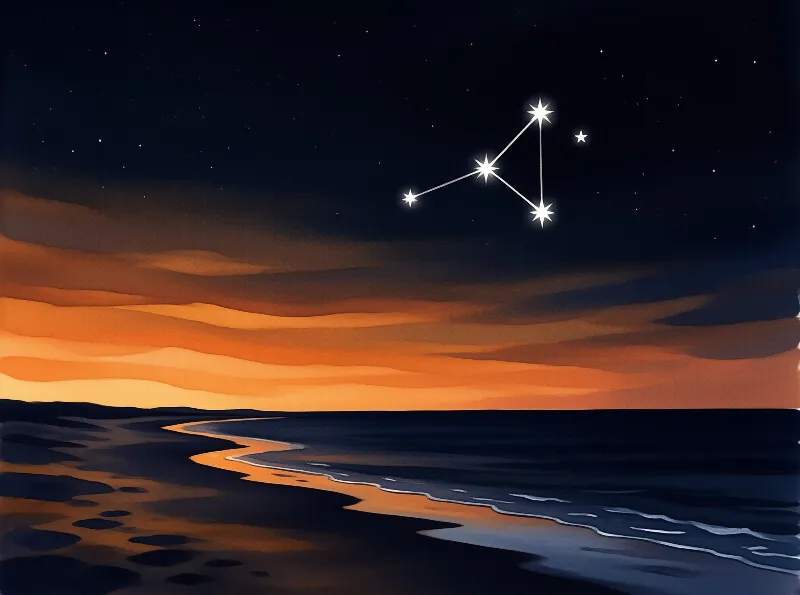 Bright connected stars hover above an orange sunset sky reflecting on dark wet sand with footprints in the foreground.