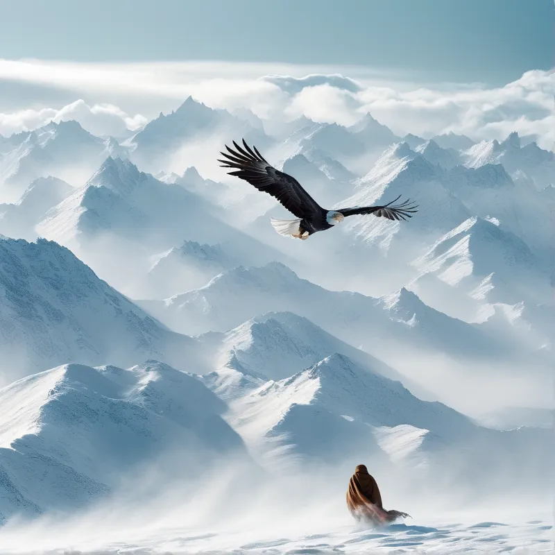 Majestic eagle spreads wings above snow-capped peaks as solitary figure in brown robe observes from misty mountain landscape.