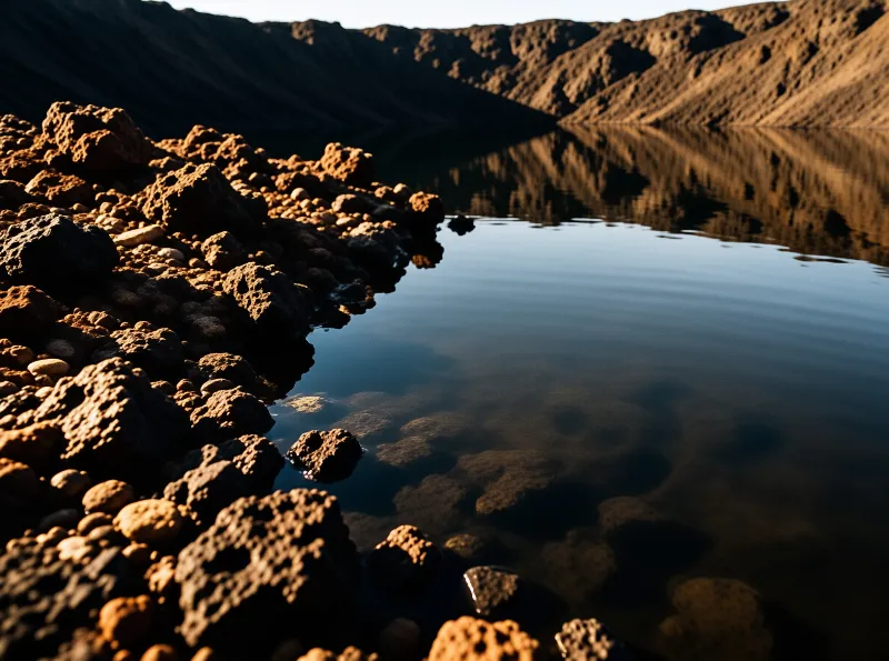 Rough volcanic boulders edge a glassy blue lake that mirrors golden crater slopes in evening calm.