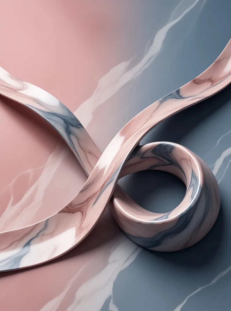 A glossy ribbon with marble textures curves dynamically against a soft pink and blue gradient background.