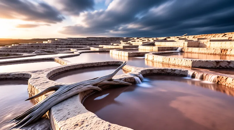 Terraced stone pools filled with water reflect the warm light of a sunset sky beneath heavy clouds.