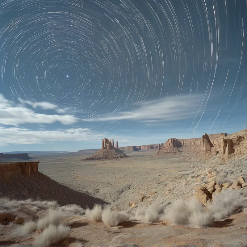 Sandstone rock formations stand in a desert valley while circular star trails circle the polaris star overhead.