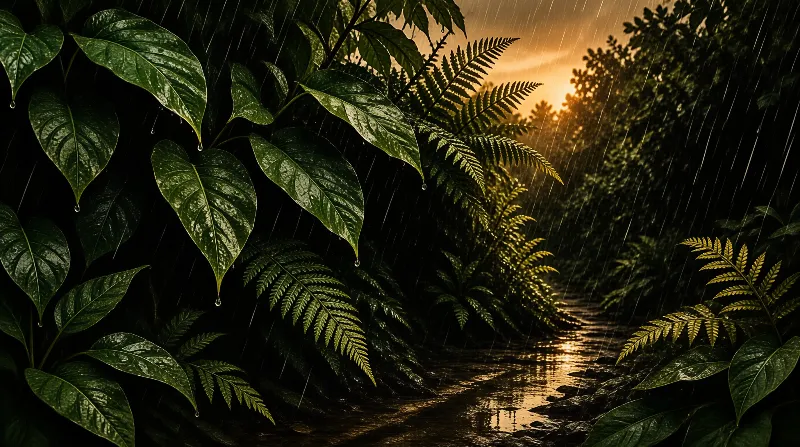 Large wet leaves and ferns frame a path where golden sunlight filters through the trees during a rain shower.