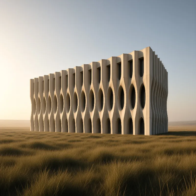 A sculptural concrete building with wavy columns stands isolated in a vast dry grassland under a warm sunrise sky.