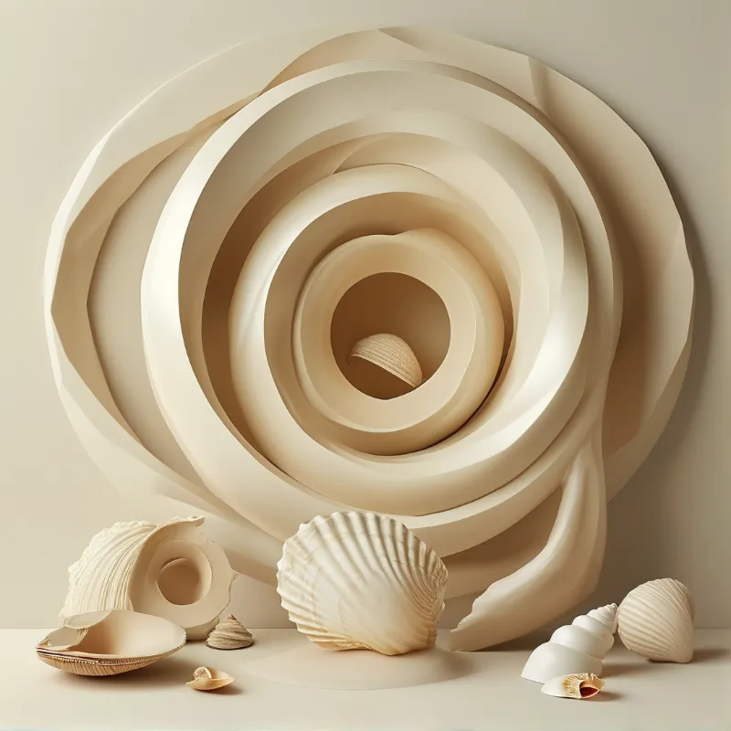 Nested cream colored rings rise behind a cluster of pale seashells on a soft neutral surface