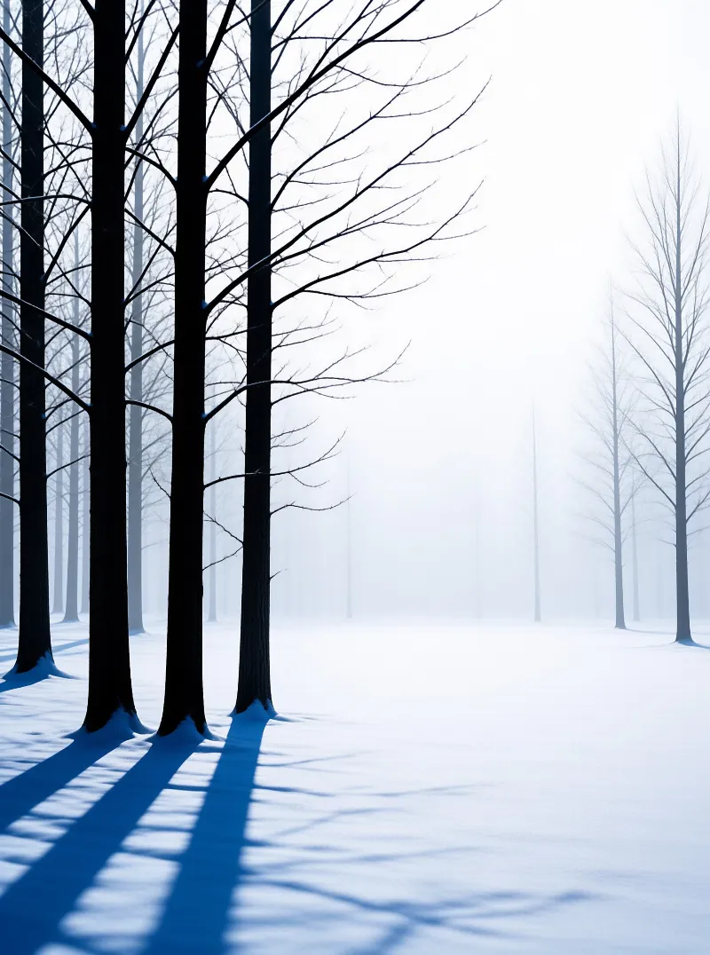 Dark leafless trees cast long blue shadows across a snowy field fading into misty distance.