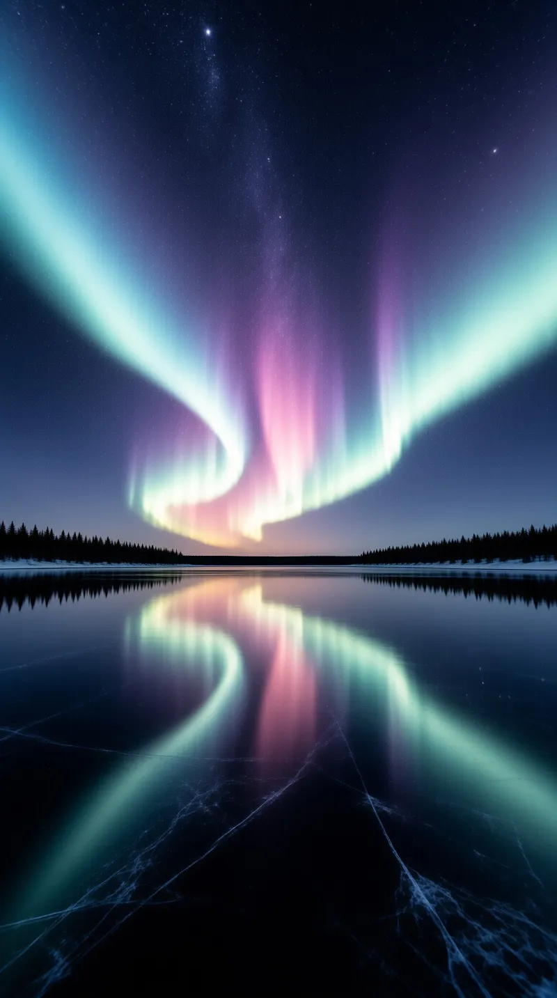 Vibrant green and pink northern lights curve across the sky and mirror perfectly in the dark frozen water below.