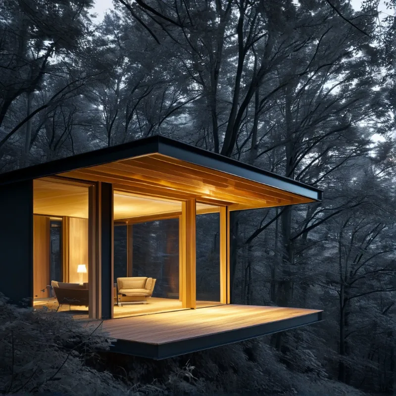 A modern cabin with warm timber interiors and a floating deck glows amid bare winter trees at dusk